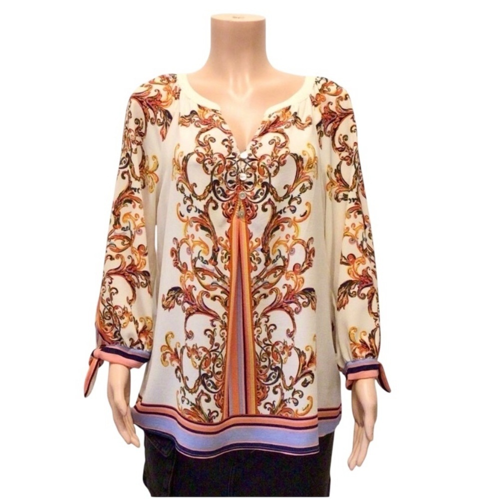 Figueroa & Flower Boho Banded V-Neck 3/4 Tied Cuff Sleeve Peasant Top Size XL